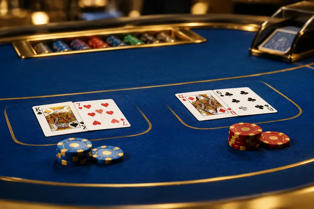 Kartu remi terbuka dan tumpukan cip kecil pada meja baccarat
