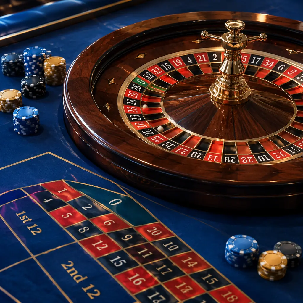 Roda roulette dengan satu nol hijau dan meja pilihan angka