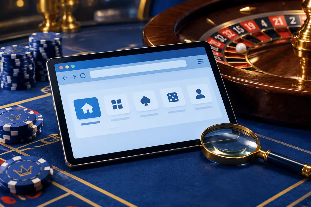 Tablet dengan diagram menu dan kaca pembesar di meja kasino
