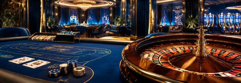 Ruang kasino bernuansa biru kobalt dengan meja kartu dan roda roulette