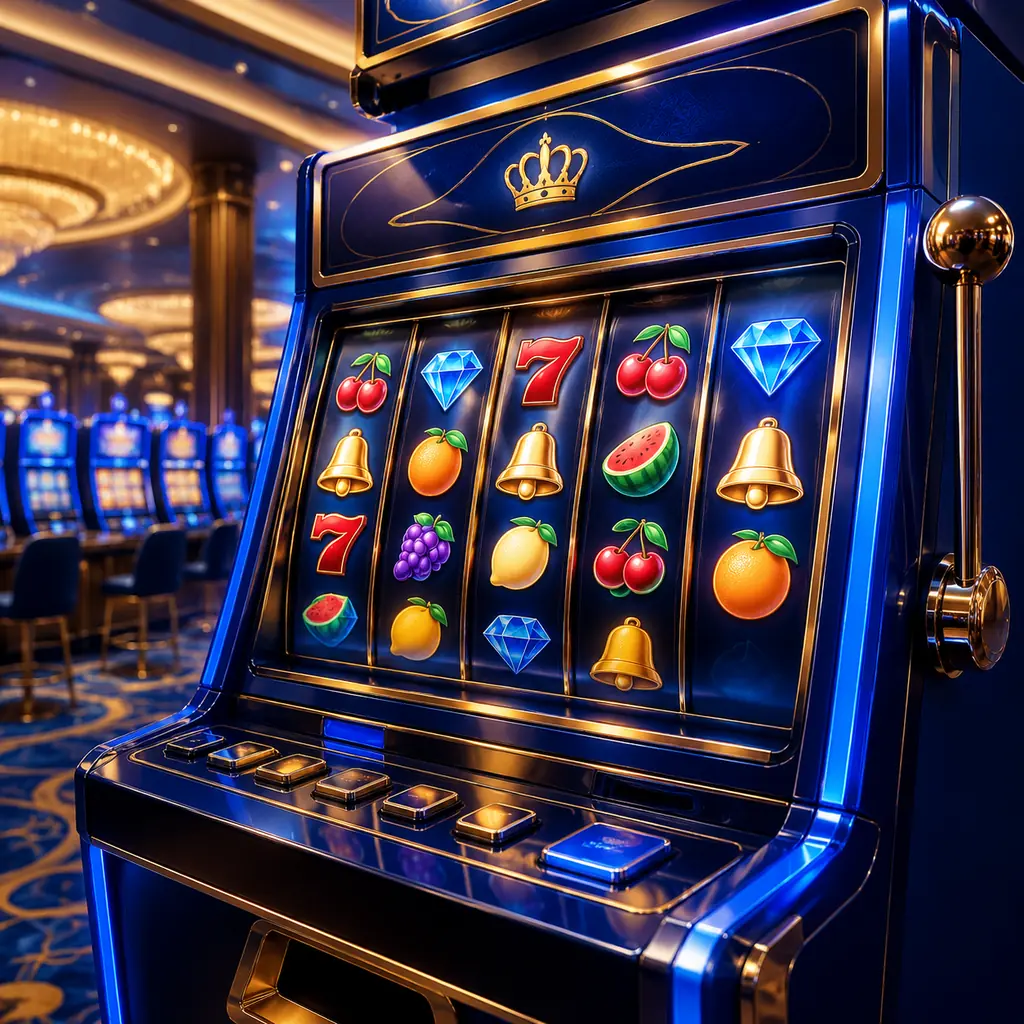 Mesin slot kasino dengan simbol buah dan permata di layar