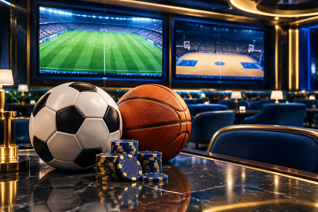 Layar sepak bola dan bola basket di area olahraga kasino