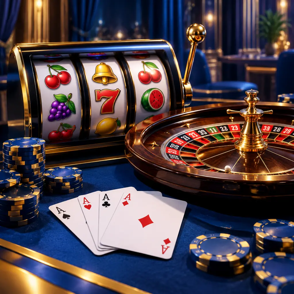 Perangkat permainan kasino dengan simbol buah, kartu, dan roda roulette