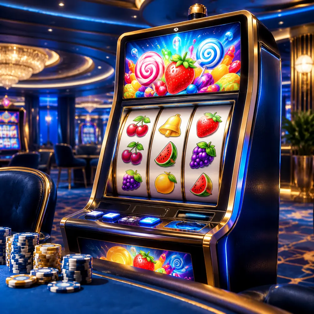 Mesin slot kasino dengan motif permen dan buah berwarna